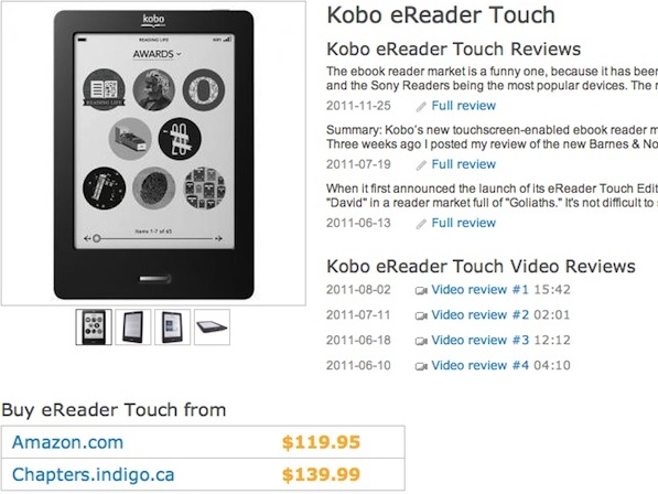 La fiche produit d'un Kobo eReader Touch