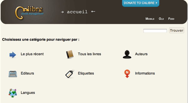 Calibre depuis un navigateur Internet