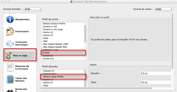 Calibre : mise en page Kindle du format de sortie