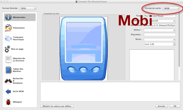 Conversion de format d'ebook : epub -> mobi