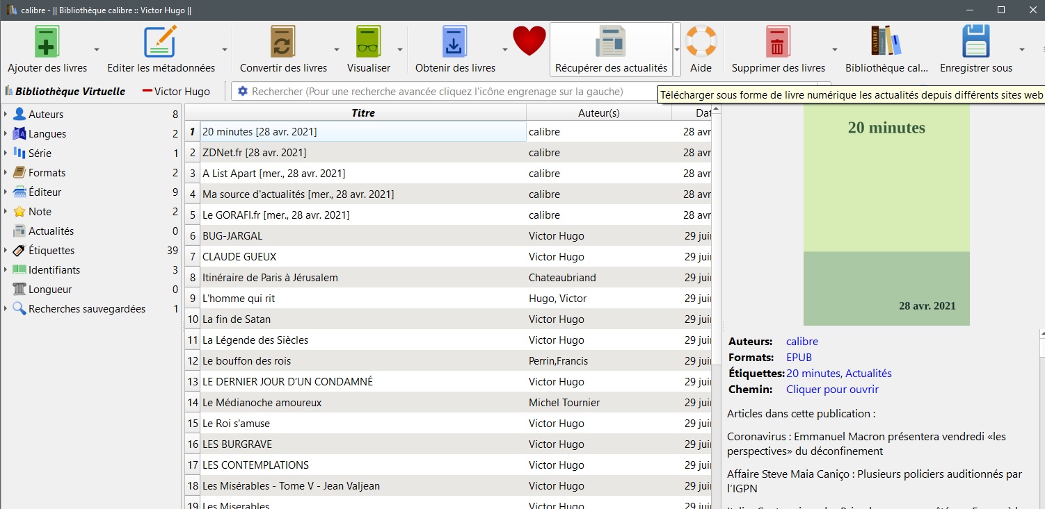 récupérer actualités calibre rss ebook