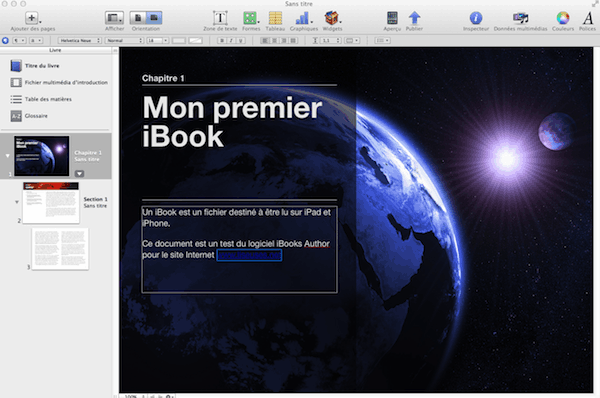 Première page d'un livre dans iBook Author