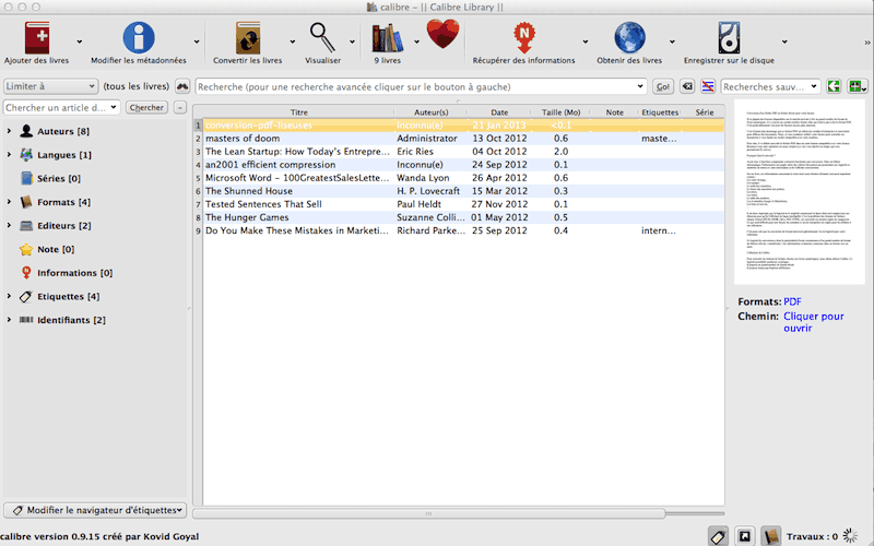 conversion pdf calibre fenêtre principale