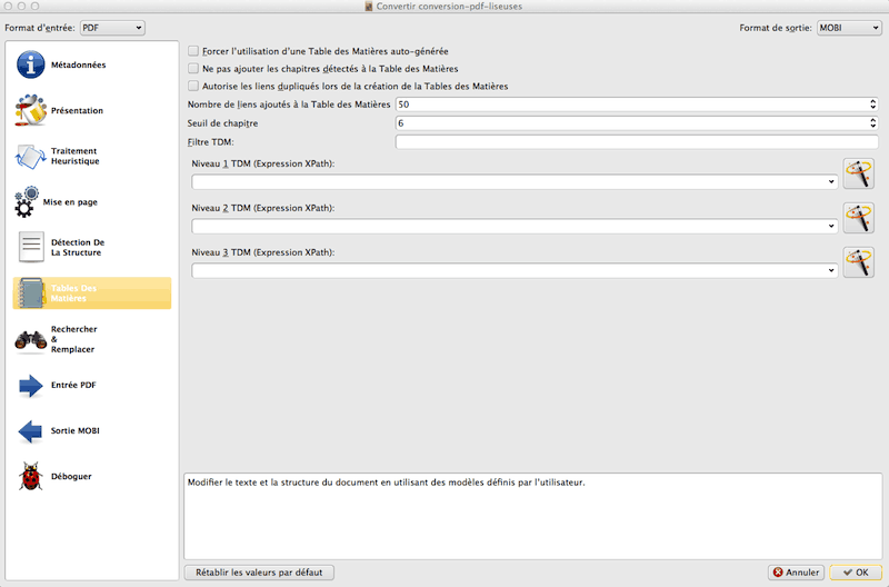 Calibre table des matières du document conversion