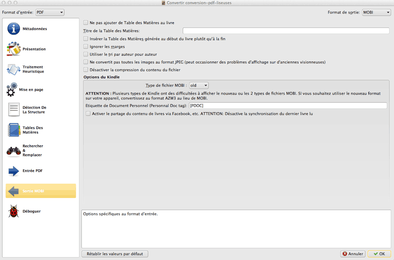 sortie en MOBI sur Calibre