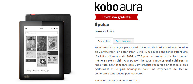 La Kobo Aura est épuisé sur le site officiel