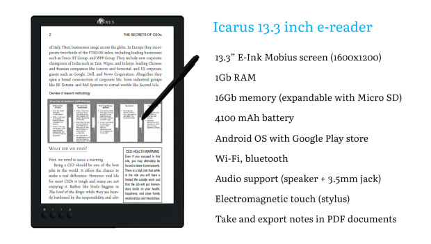 liseuse Icarus de 13 pouces avec Android et Google play