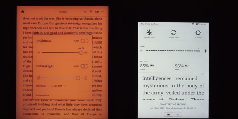 comparaison kobo aura one kindle oasis éclairage lumière