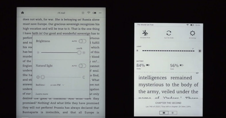 comparaison kobo aura one kindle oasis éclairage lumière