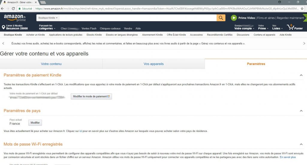 paramètres compte Kindle