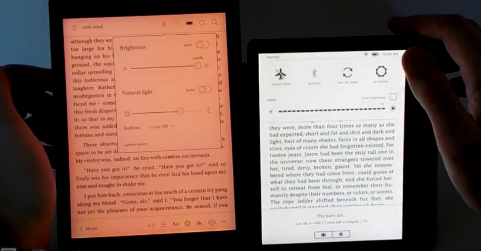 comparaison écran kindle oasis et kobo aura one lumière