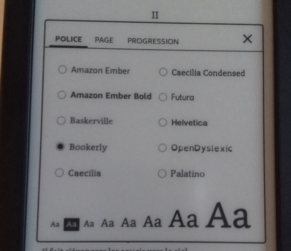 configuration police caractère kindle