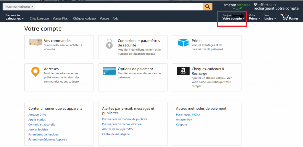 minha seção de conta da Amazon