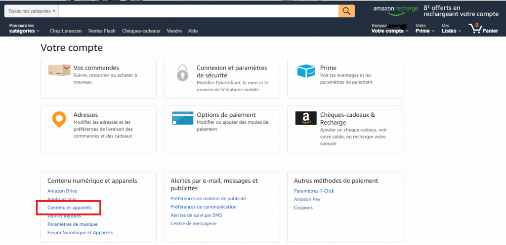 contenus et appareils gestion compte amazon