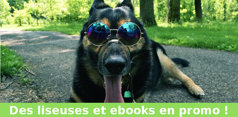 promo liseuses kobo et kindle + chien sur la photo avec des lunettes