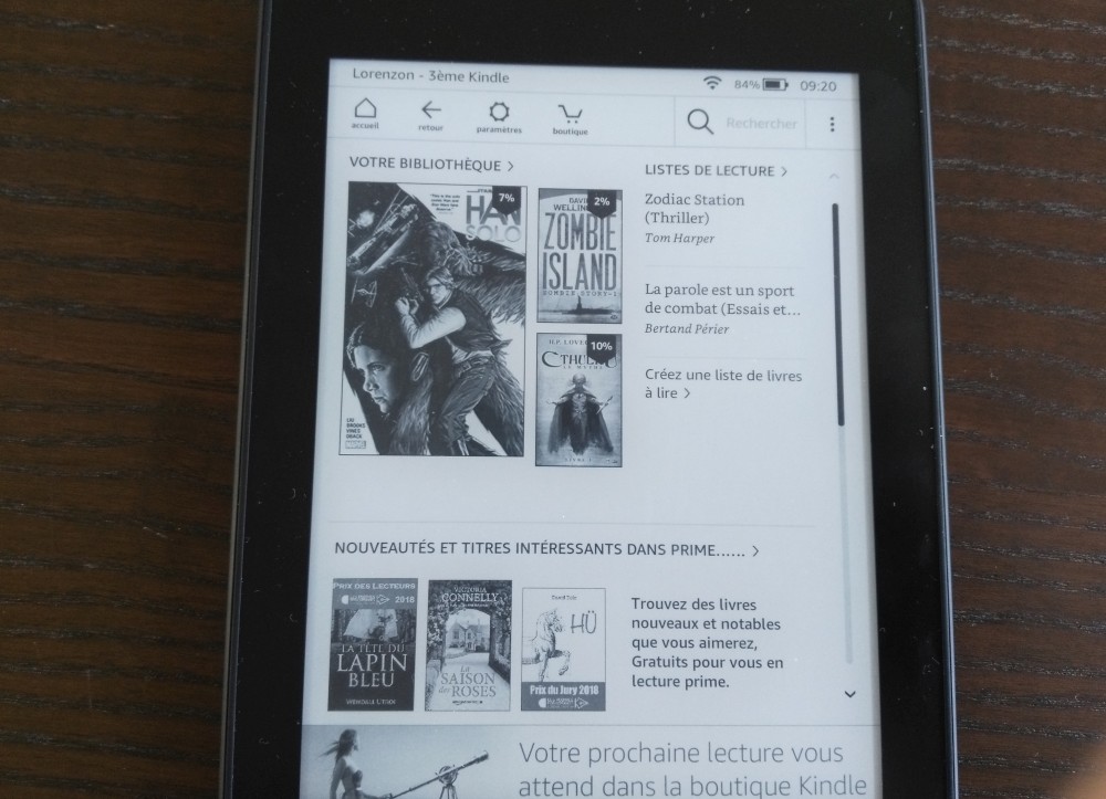 Test Kindle Paperwhite : écran accueil de la liseuse