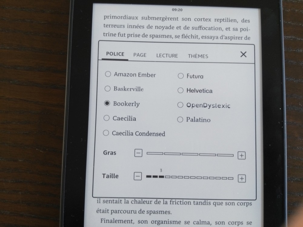 Test Kindle Paperwhite : options du texte de la page