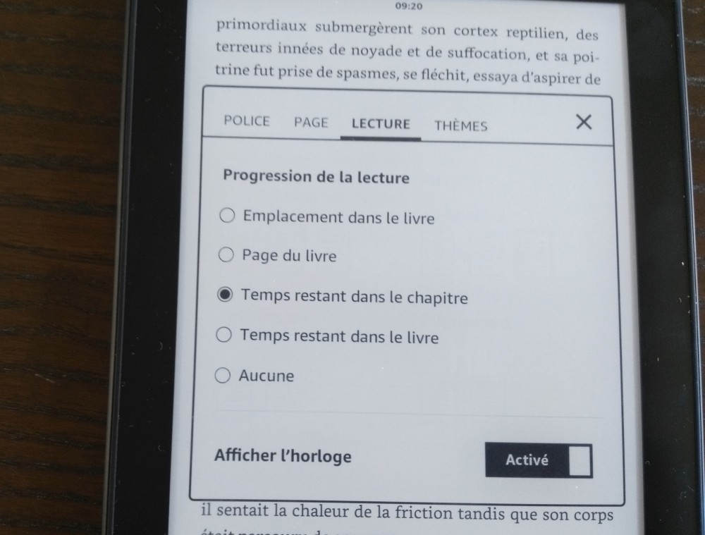 Test Kindle Paperwhite : réglages affichage des stats sur la liseuse