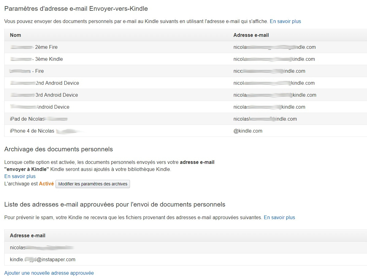 On voit les adresses emails pour les appareils Kindle, et les adresses emails autorisées (plus bas)