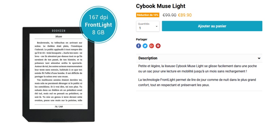 Cybook Muse Light : une bonne liseuse française et pas chère
