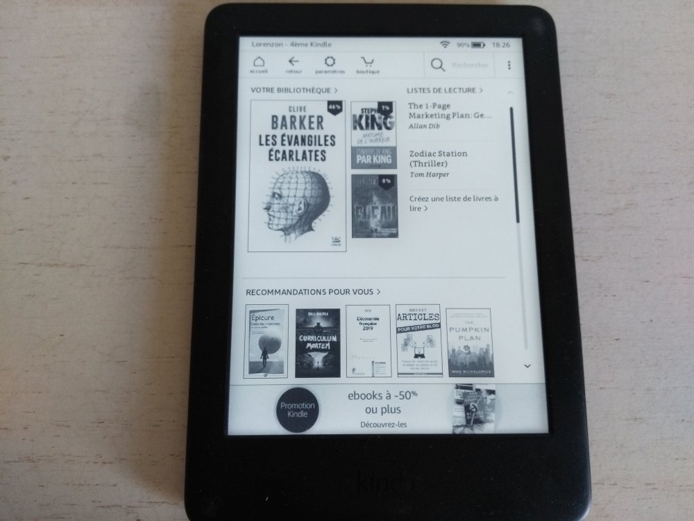 écran d'accueil sur la liseuse Kindle