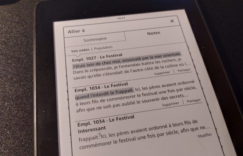 aller aux notes sur Kindle