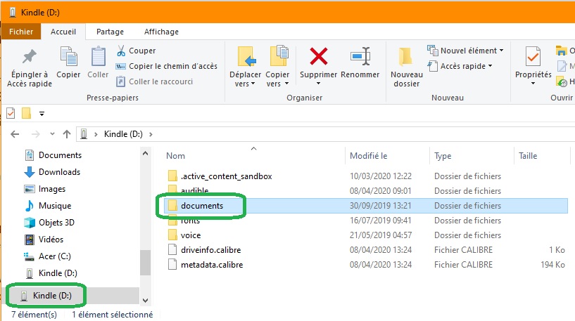 dossier kindle dans windows