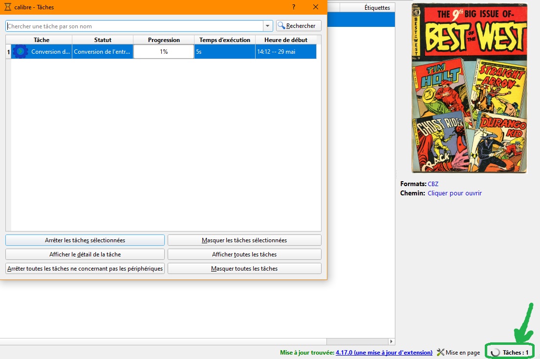 conversion calibre avancement tâche en cours