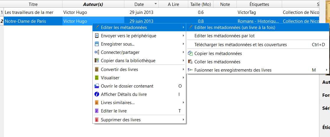 calibre éditer les meta données