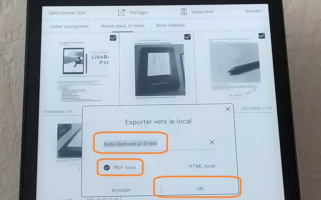 export notes PDF EPUB liseuse likebook p10