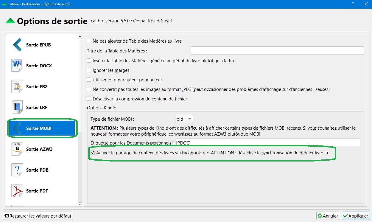 configuration calibre mobi