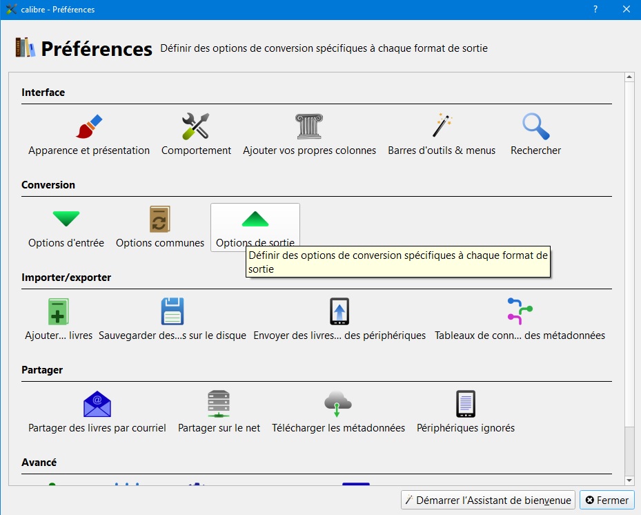 calibre configuration sortie mobi
