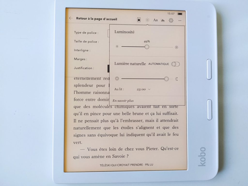 test kobo libra 2 réglage filtre lumière bleue