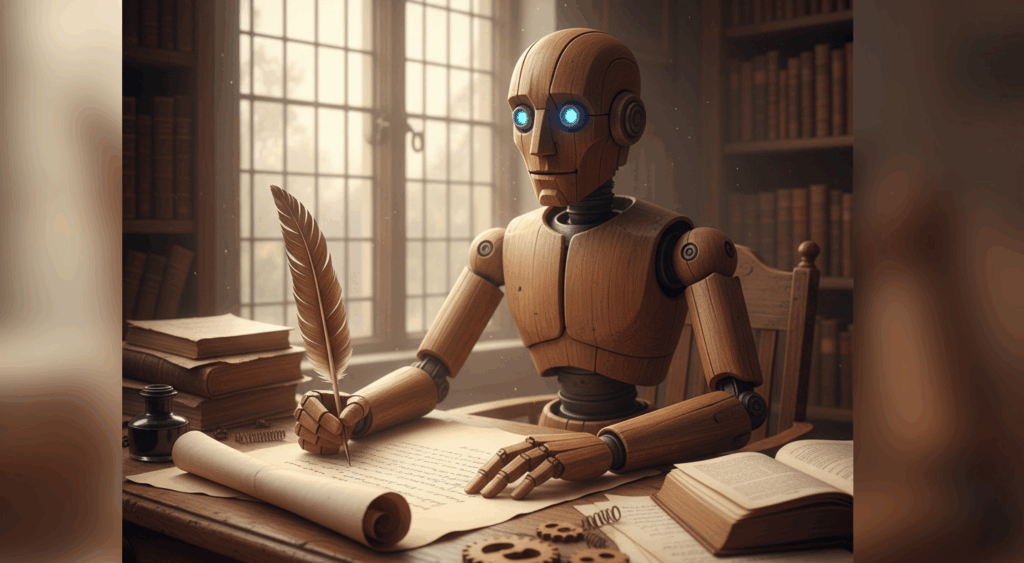 robot en bois qui écrit un livre avec IA
