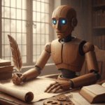 robot en bois qui écrit un livre avec l'IA