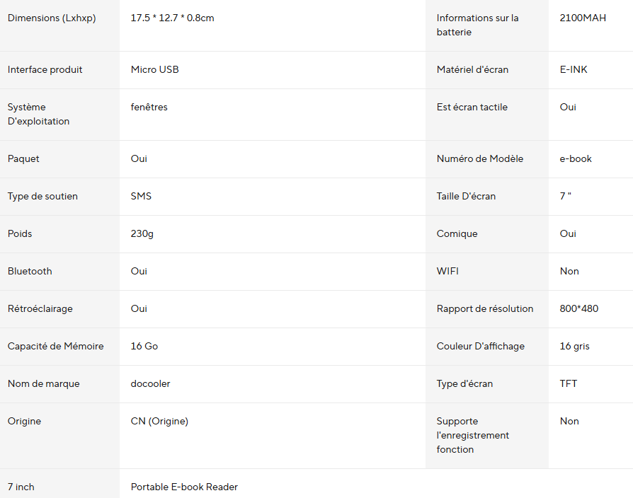 liseuse inkeewhix spécifications